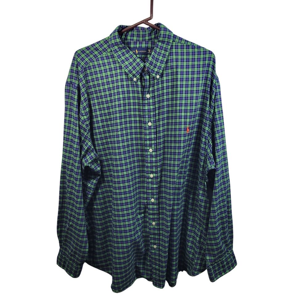 Ralph Lauren Green & Blue Plaid Button Front Shirt Orange Logo Size 3XB 71326-83
